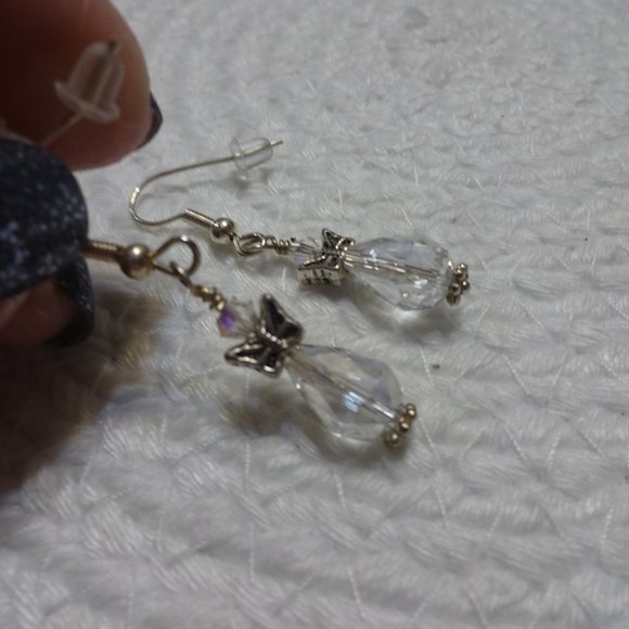 Beautiful CRYSTAL & SILVER BUTTERFLY Handmade Sterling 925 Dangle Earrings #5D - Picture 1 of 3